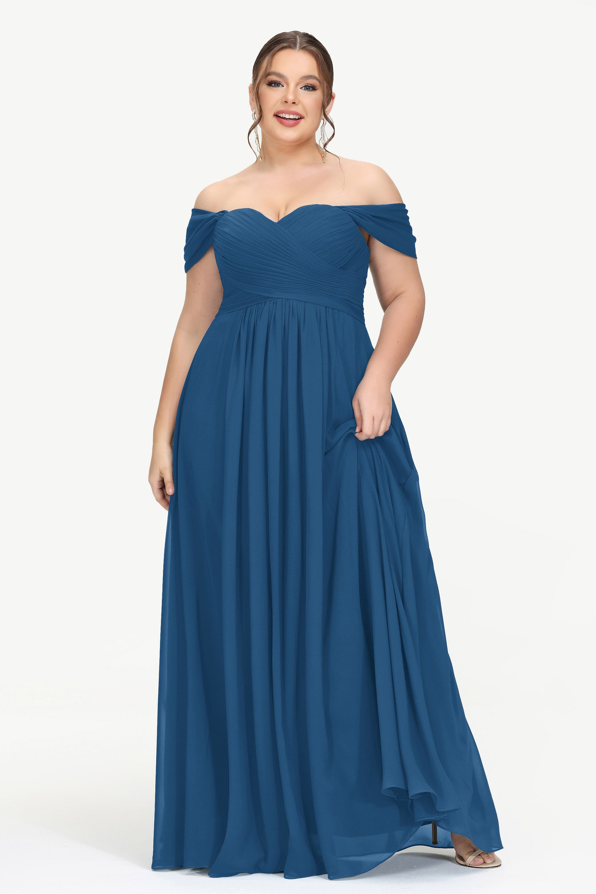 Abito Damigella D'Onore Lungo Senza Spalle In Chiffon - Linea A, Con Lacci, Reggiseno Integrato