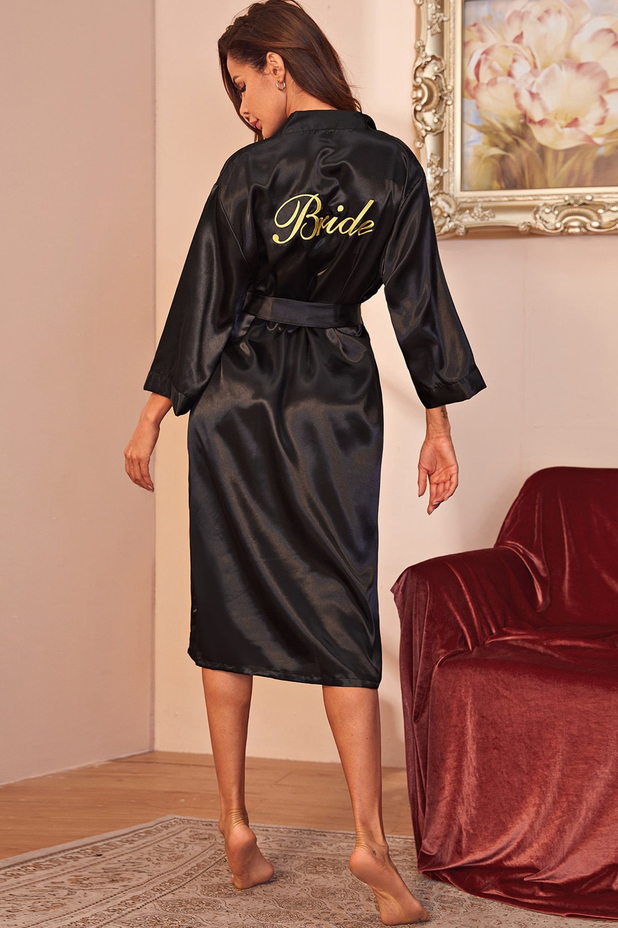 Set da 4 pezzi di glter oro sposa raso corto abo da sposa pantofole fascia da sposa vestaglia donna festa nuziale 2019 kimono vestaglia  200574005