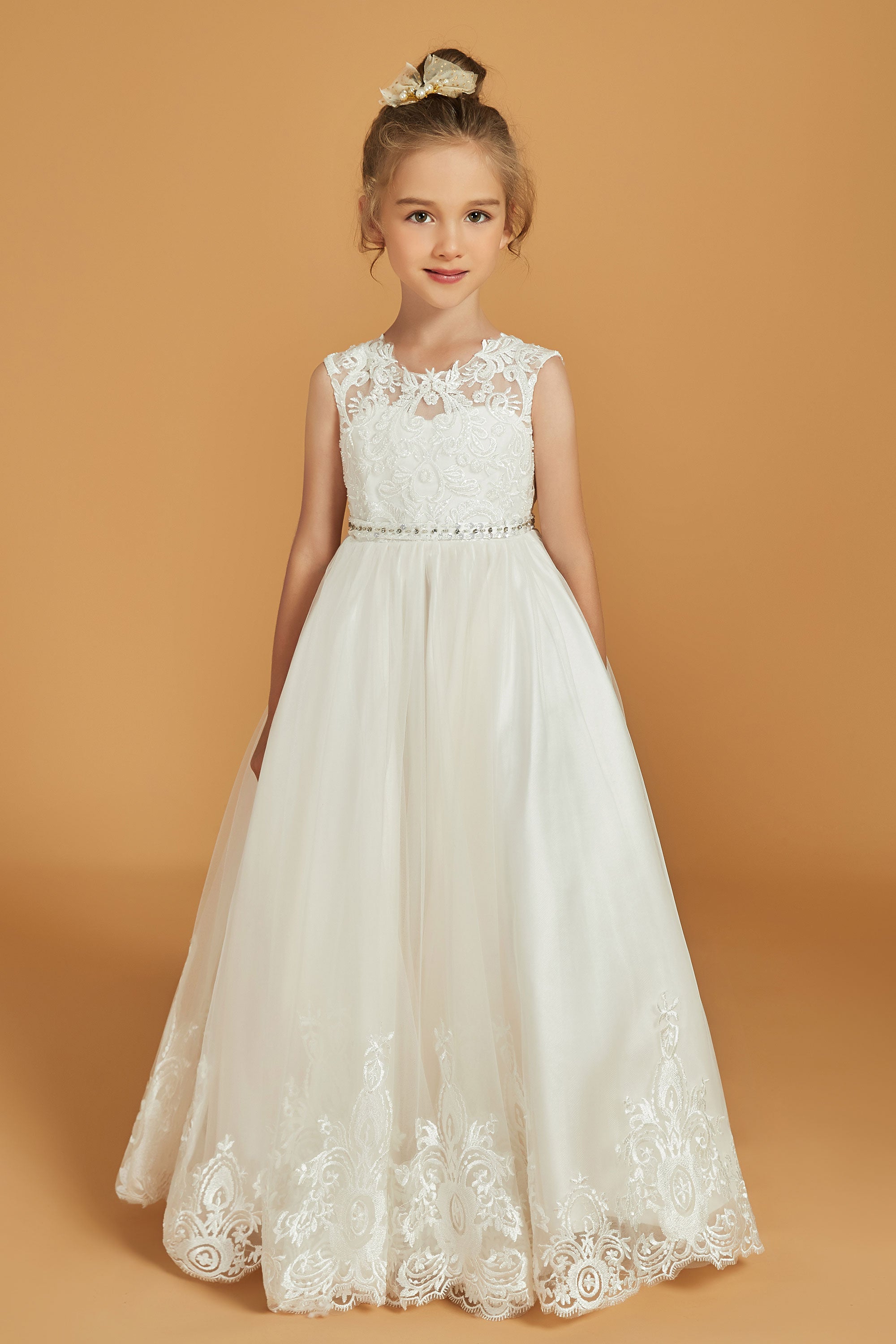 FYMNSI Abito Lungo In Tulle Per Bambine – Vestito Da Damigella Con Fiori, Paillettes, Senza Maniche, Taglie 4-15 Anni