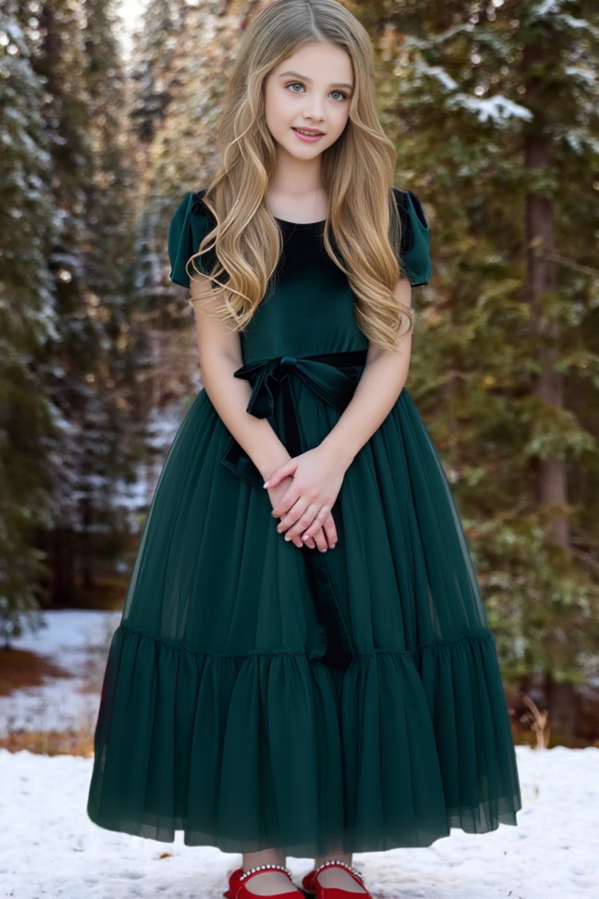 Vestito damigella bambina in velluto e tulle con maniche corte