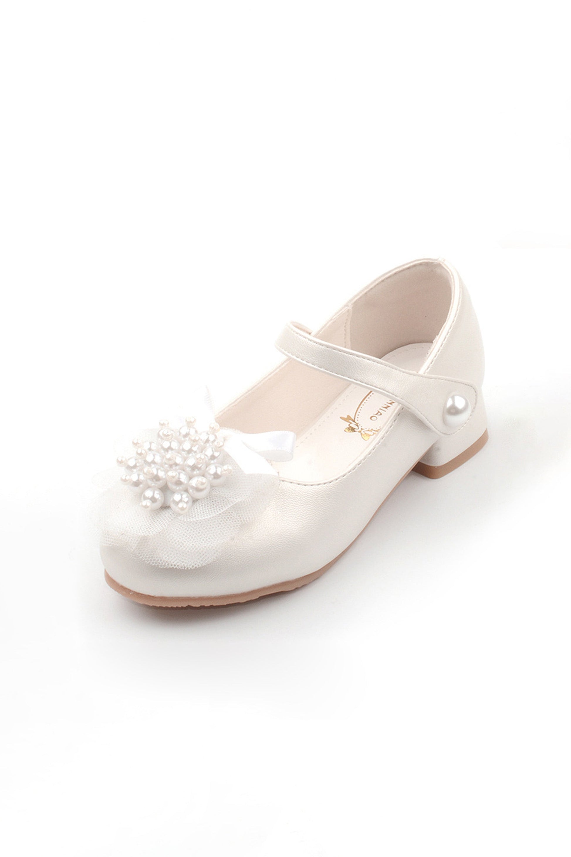 Scarpe da principessa per bambina con tacco basso, fiocco e perle