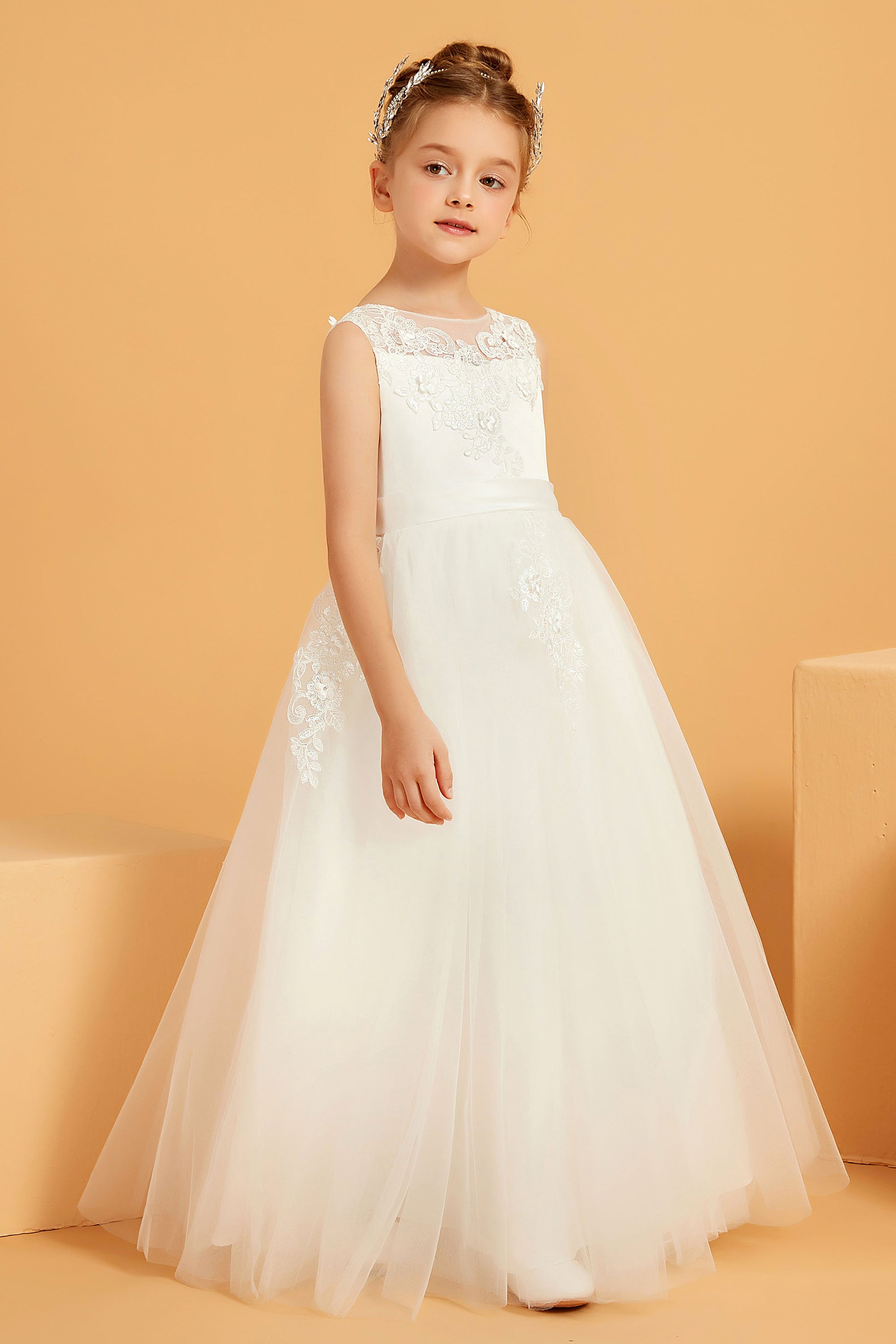 Vestito damigella bambina A-line con applicazioni lungo in tulle