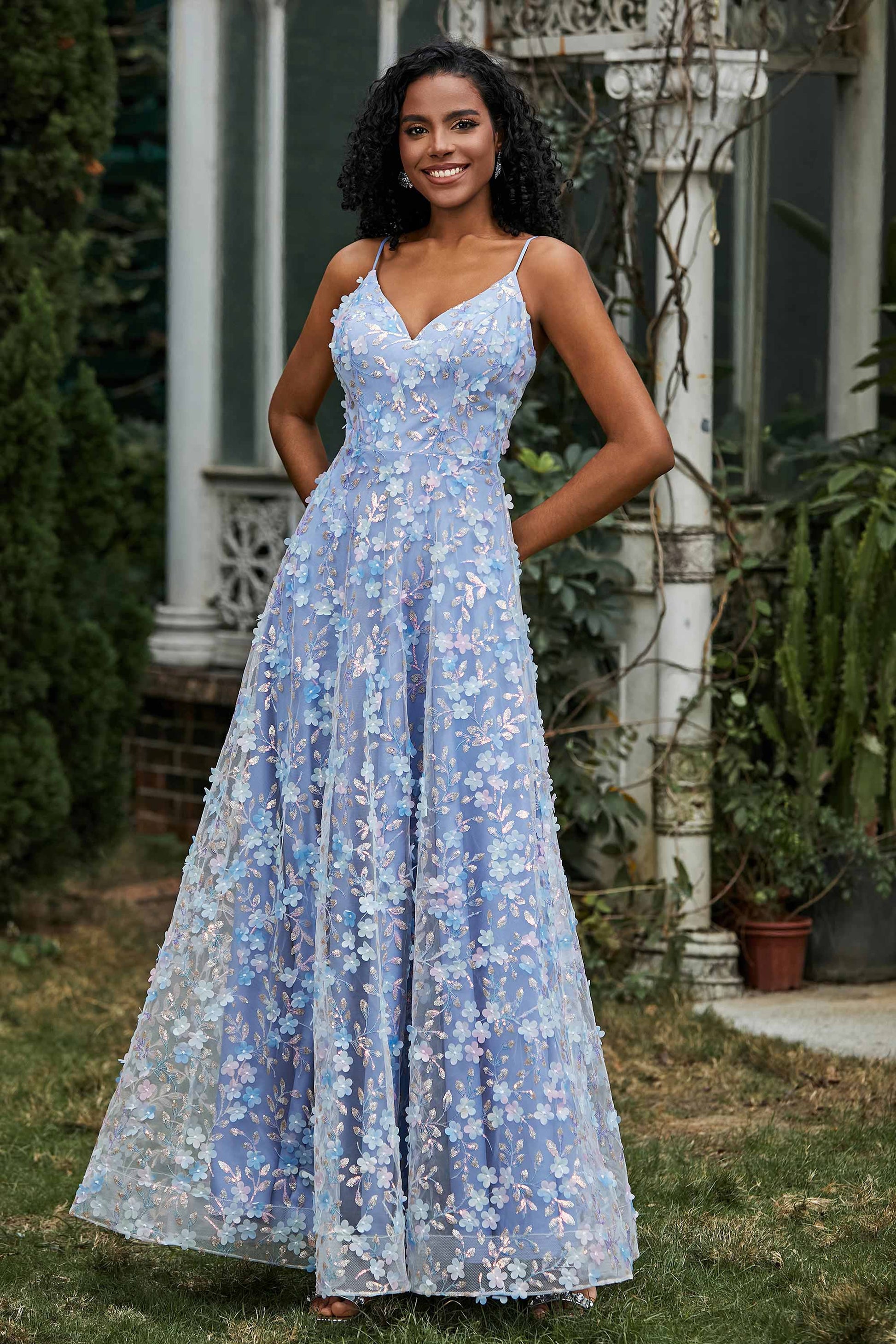 Vestito Lungo con Scollo a V Pizzo e Fiori – DUNTERY IT