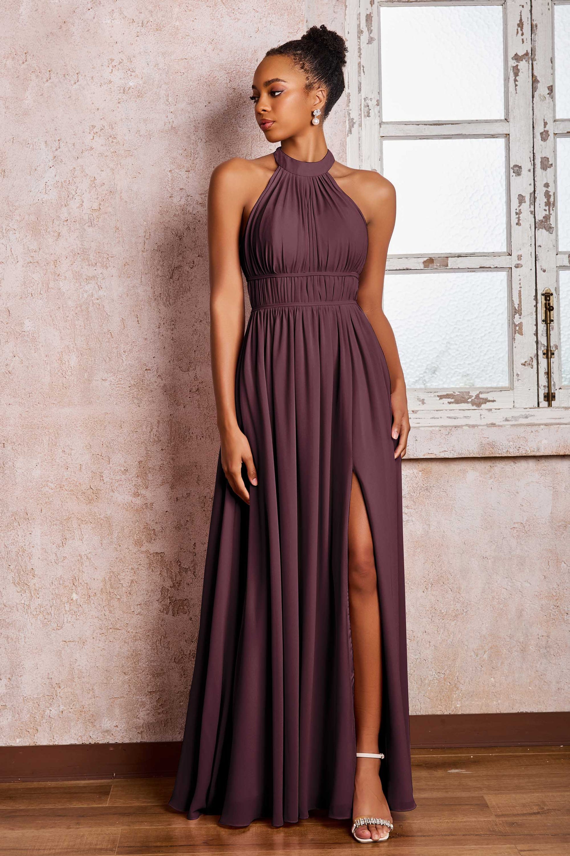 Chiffon Abiti Semplici Lunghi Abito Lungo Cerimonia Maniche Lunghe