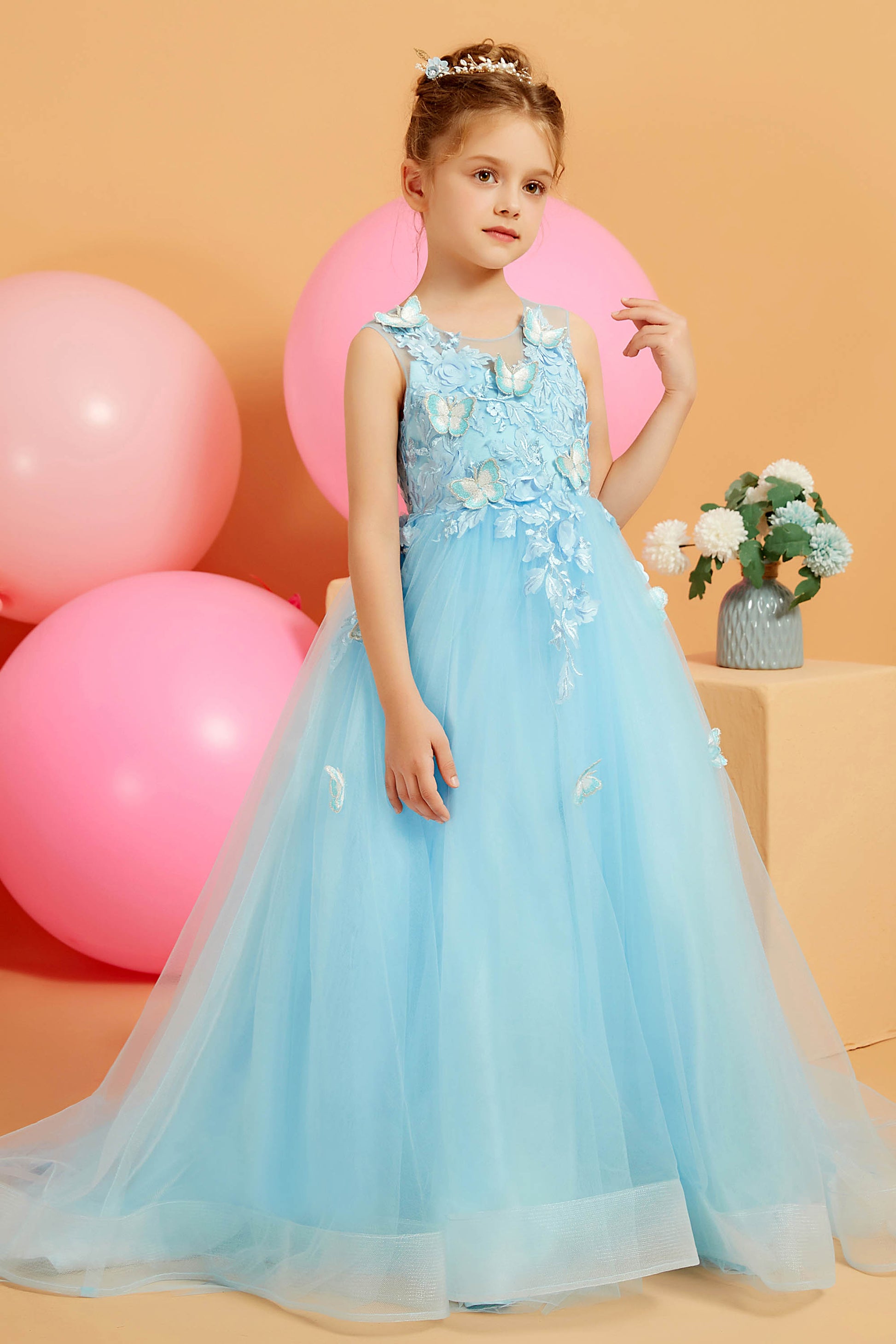 Tulle Vestito Blu Elegante Bambina Abito Acquamarina Mimilù