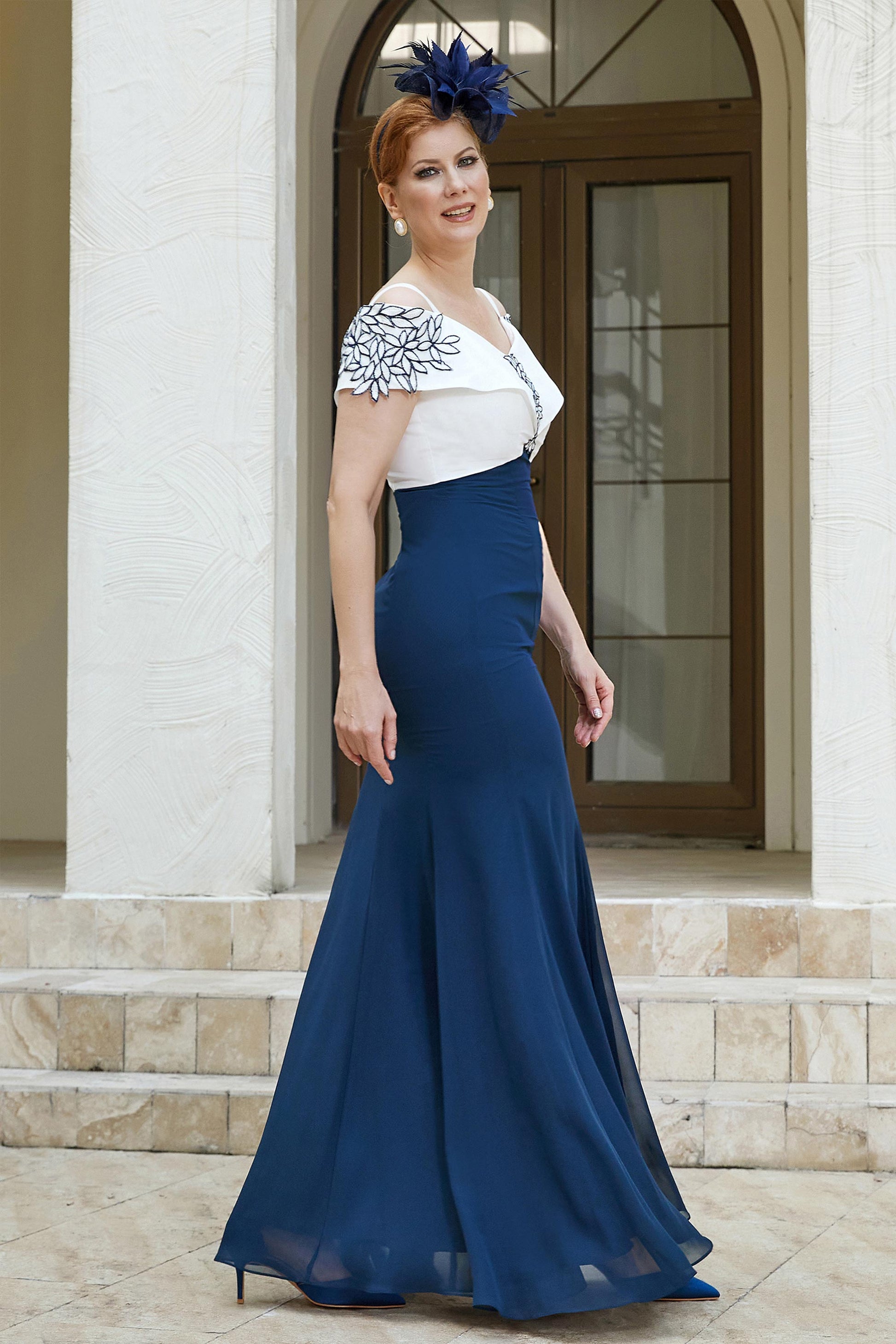 Scollo Abito Chiffon Blu Blu A-Line Abito Lungo Da Damigella D