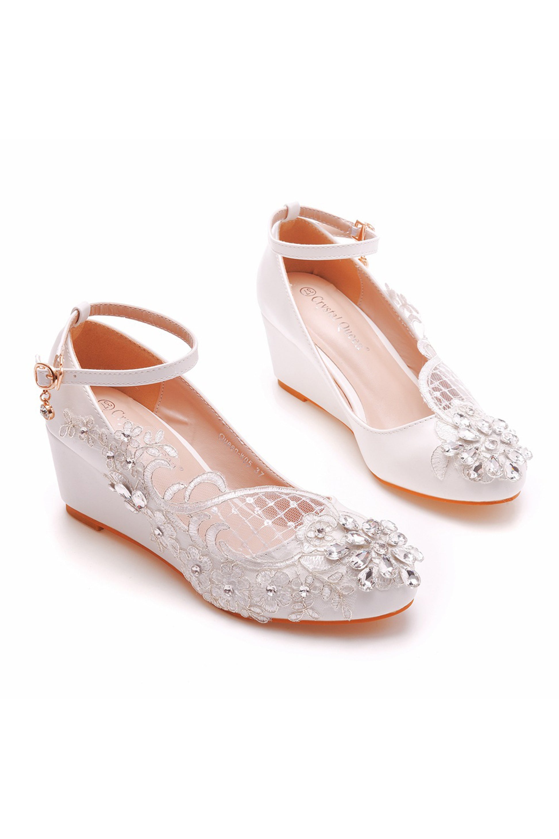 Scarpe da Sposa con Zeppa in Pizzo e Strass alla Punta Arrotondata