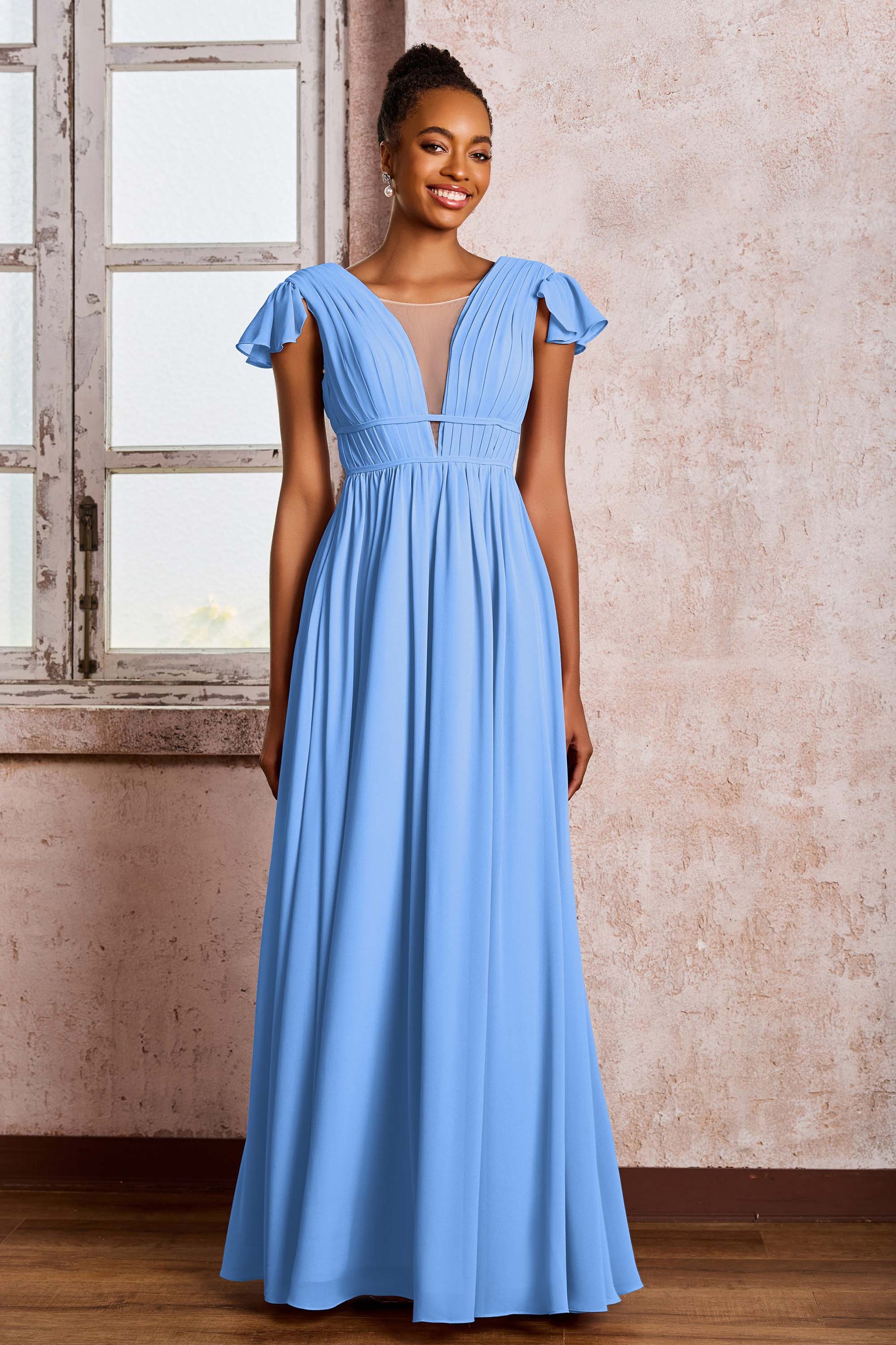 Abiti lunghi in chiffon arricciato con maniche a sbuffo e linea ad