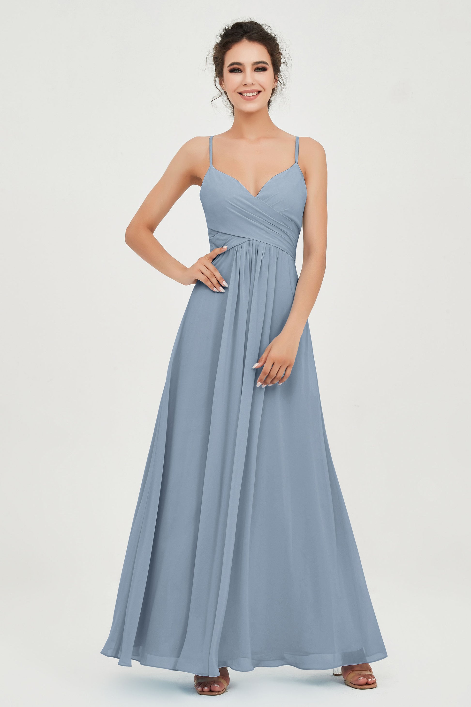Abito Lungo Donna In Chiffon Con Scollo All'americana - Elegante Per Damigelle, Feste E Cerimonie