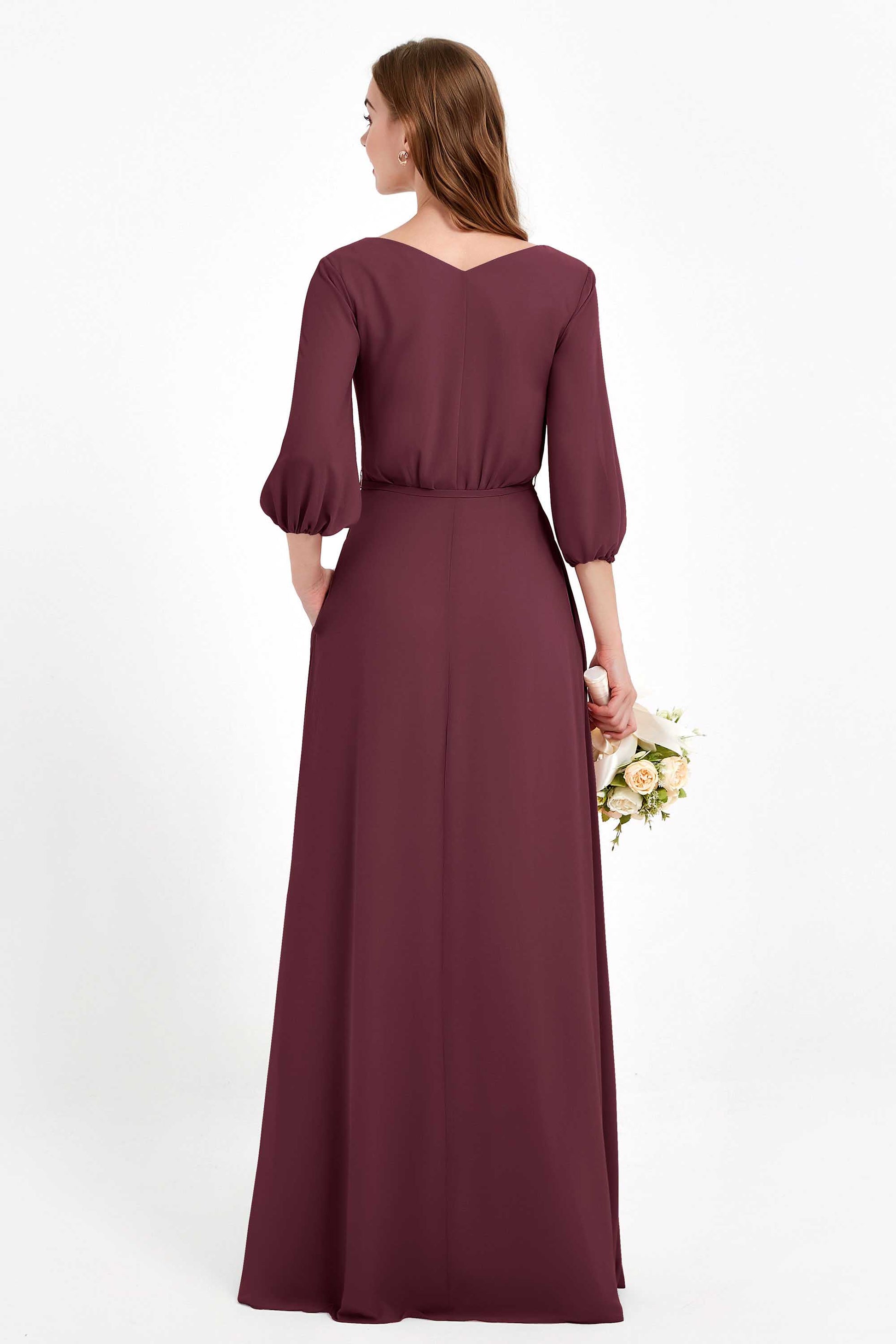 Abito da damigella d'onore a maniche lunghe con scollo a V