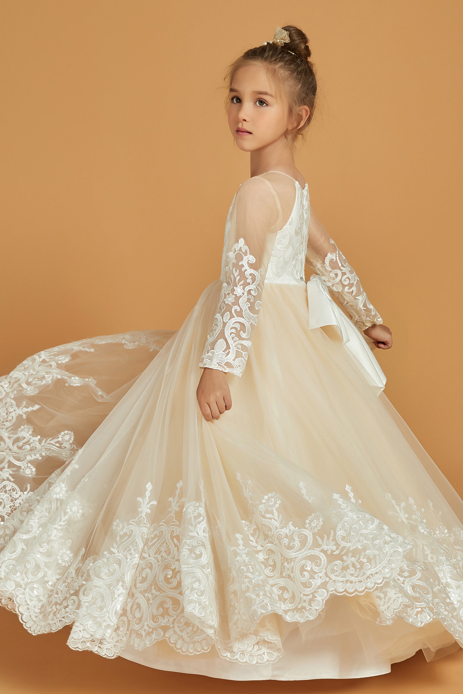 Vestito damigella bambina lungo Tulle Pizzo con maniche lunghe