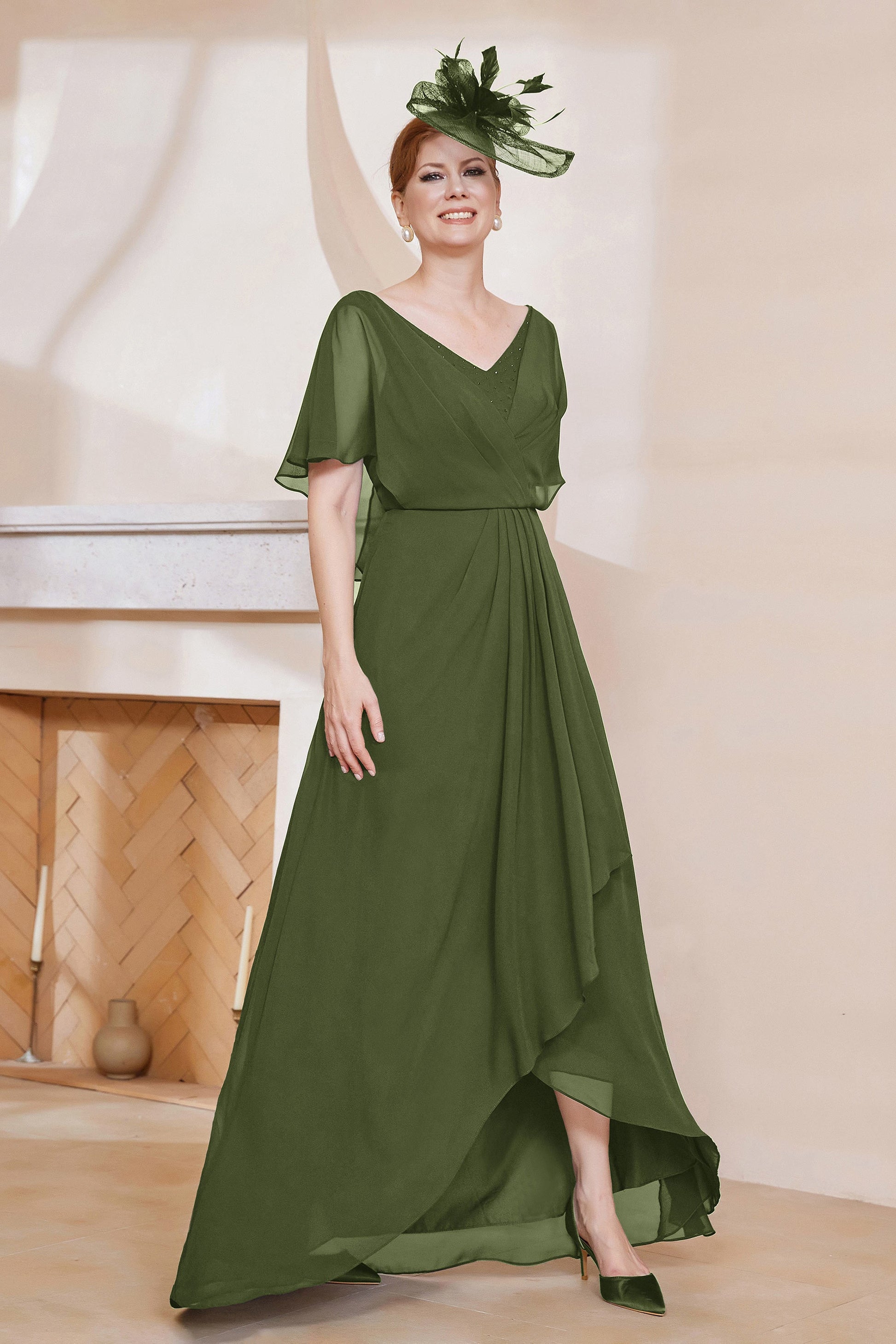 Abito da sposa per la mamma scollo a V maniche a 3/4 linea ad A plissettato lunghezza al pavimento abiti da ospite per matrimonio Abito da sposa per la mamma scollo a V maniche a 3/4 linea ad A plissettato lunghezza al pavimento abiti da ospite per matrimonio