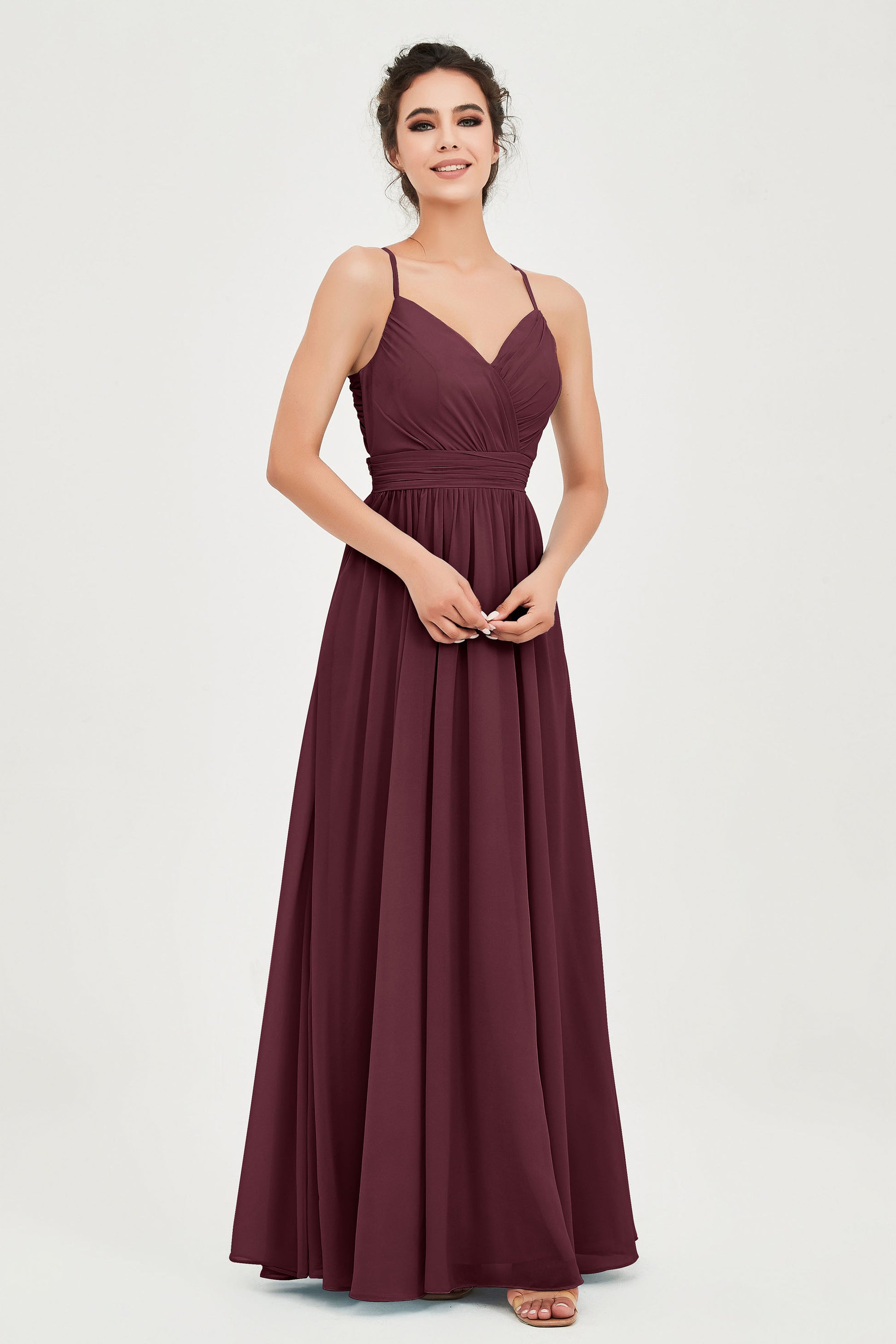 Abito damigella lungo chiffon spalline a spaghetto e schiena