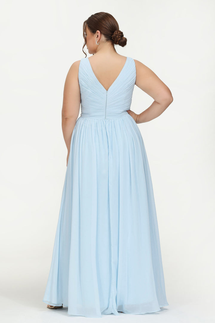 YMSHA Abito Lungo Da Damigella D'Onore Plus Size – Spalle Scoperte, Pieghettato, Con Tasche E Spacco, Chiffon, Taglie Forti - 3