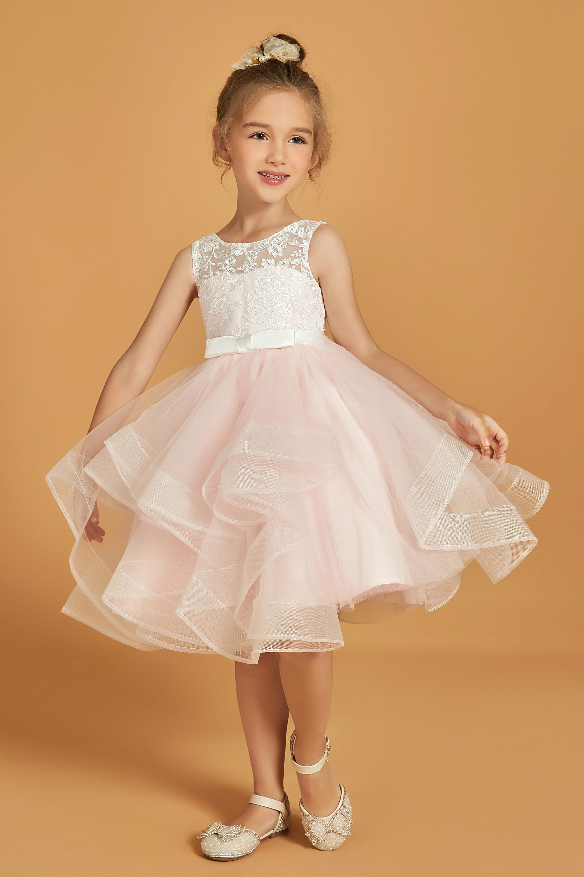 A-Line Vestito damigella bambina in pizzo Tulle Senza maniche
