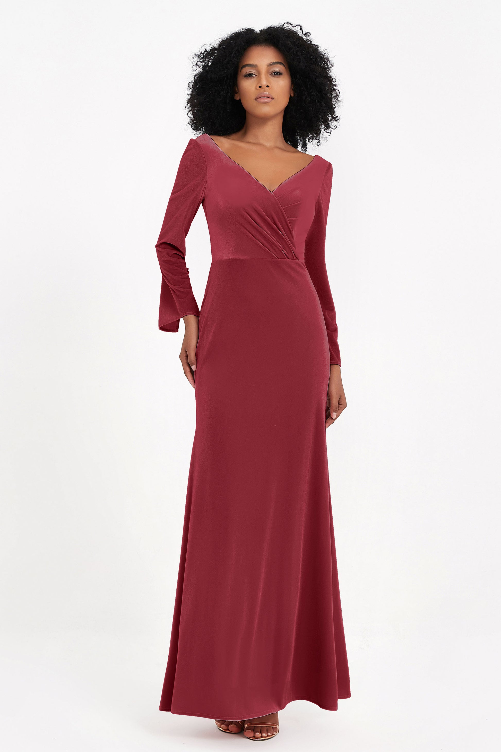 Abito lungo in velluto a maniche lunghe con scollo a V – DUNTERY IT